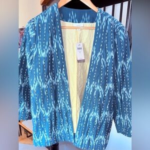 J.Jill Pure Kantha Stitched Ikat Jacket Kimono Sari Open Front Teal Blue SmTall
